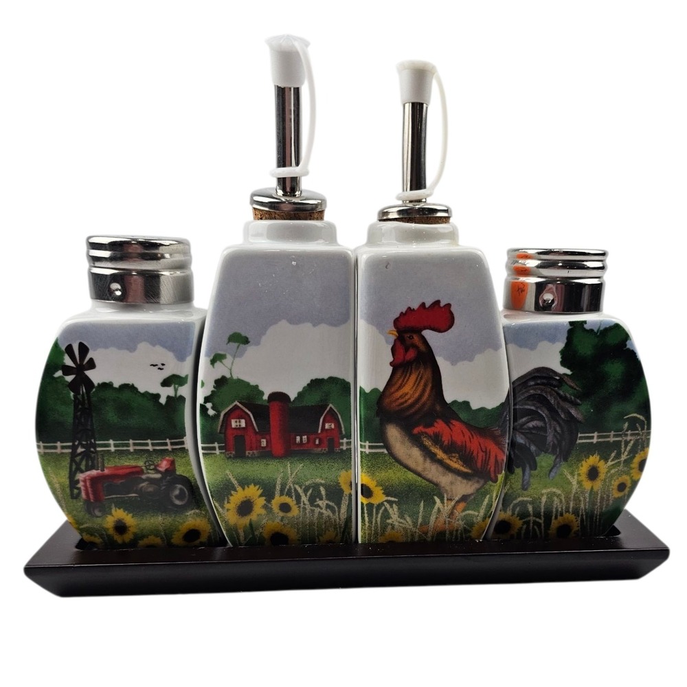 Farmhouse Kitchen Decor Rooster Tractor Salt Pepper Oil Vinegar Dispenser Set